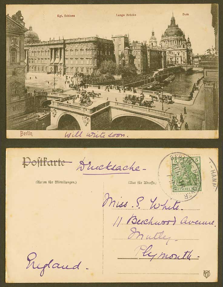 Germany Berlin 1916 Old Postcard Kgl Schloss Lange Brucke Bridge Dahme River Dom
