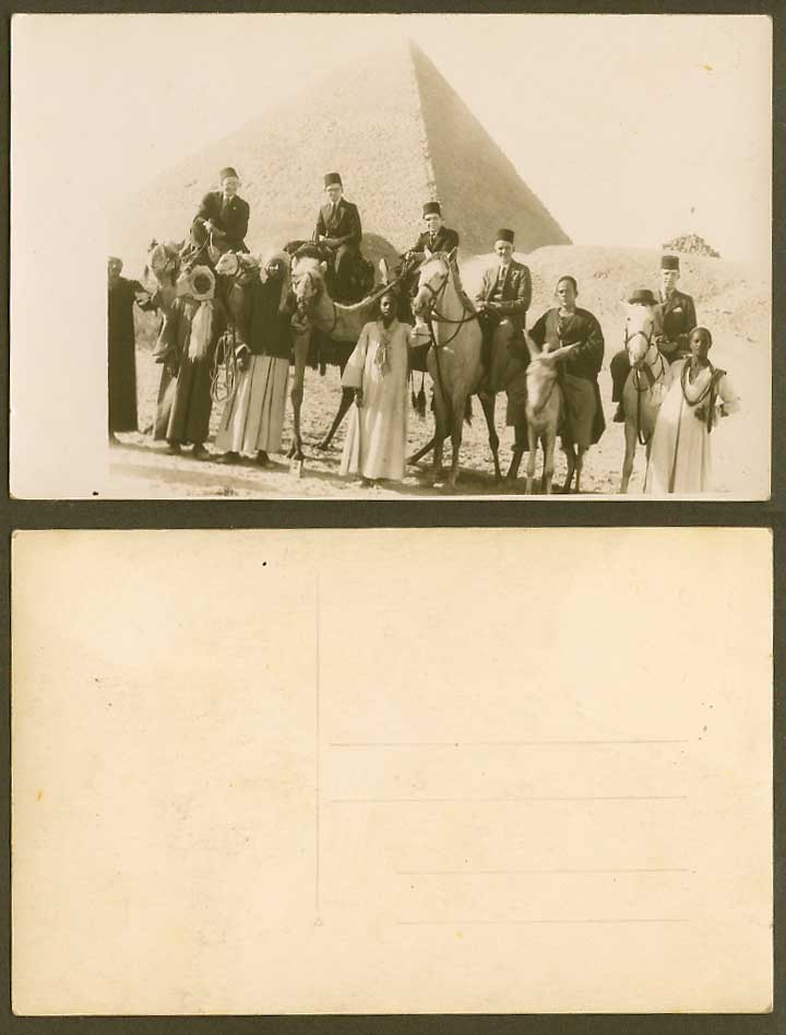 Egypt Old Real Photo Postcard Pyramid, Horses Camels Donkey Riders Native Guards