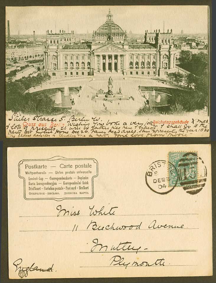 Germany Gruss aus BERLIN 1904 Old Postcard Reichstagsgebaeude Reichstag Building