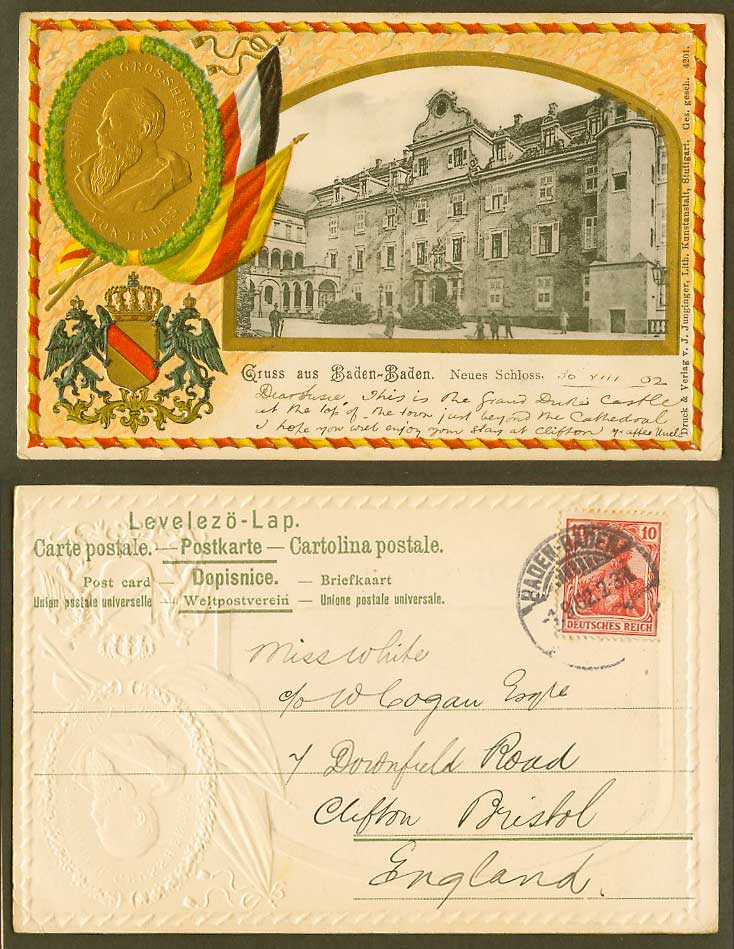 Germany Gruss aus Baden-Baden 1902 Old Postcard Neues Schloss Portrait Arms Flag
