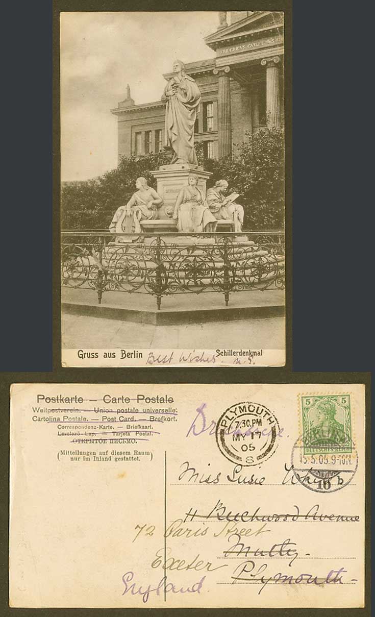 Germany Gruss aus BERLIN 5pf 1905 Old Postcard Schillerdenkmal Schiller Monument