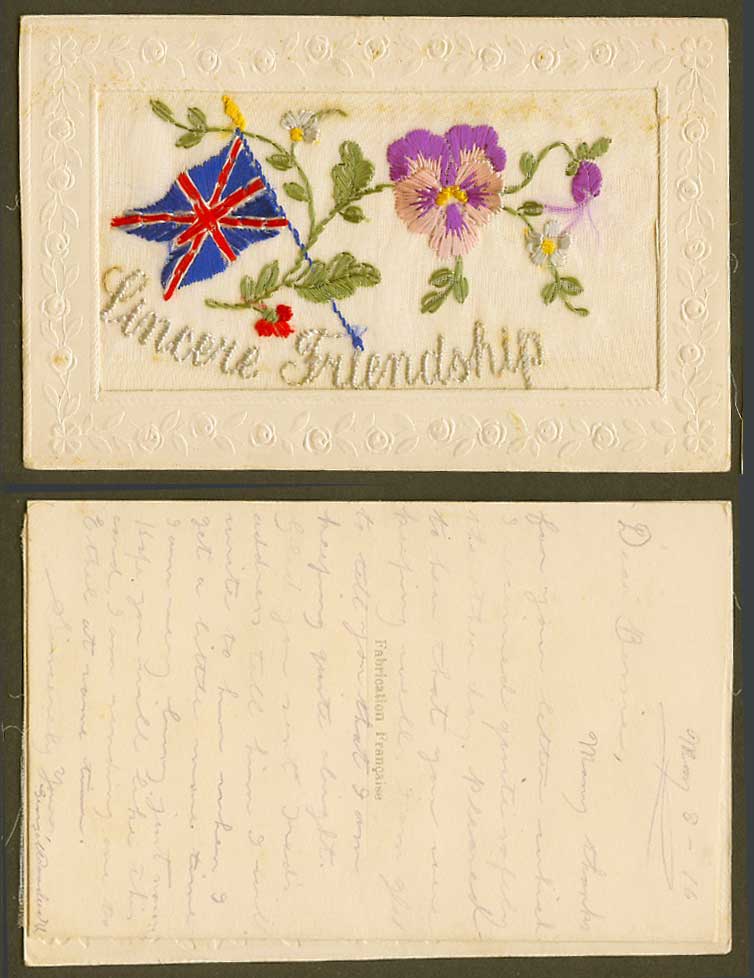WW1 SILK Embroidered 1916 Old Postcard Sincere Friendship, Pansy Flowers, Flag