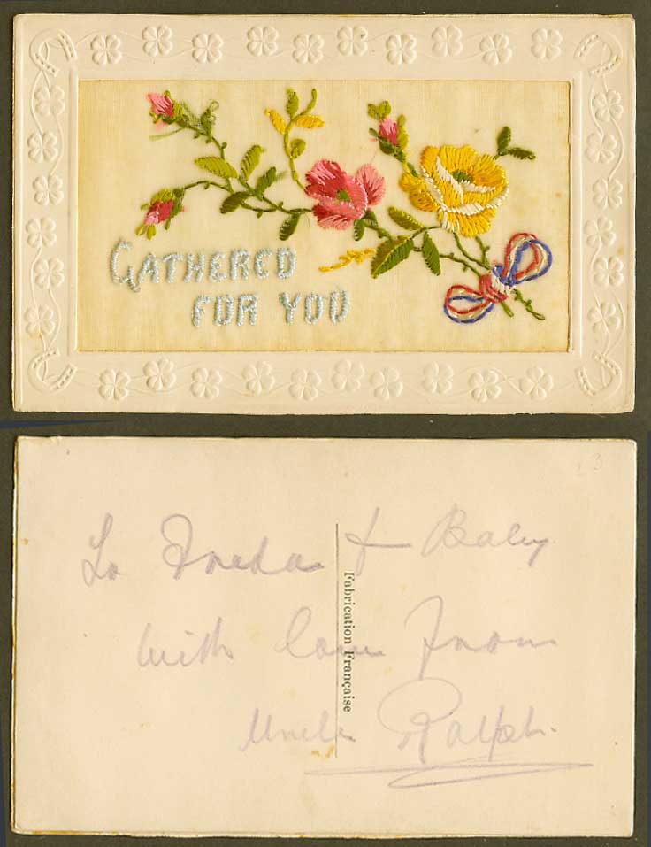 WW1 SILK Embroidered French Old Postcard Flowers Gathered for You Novelty France