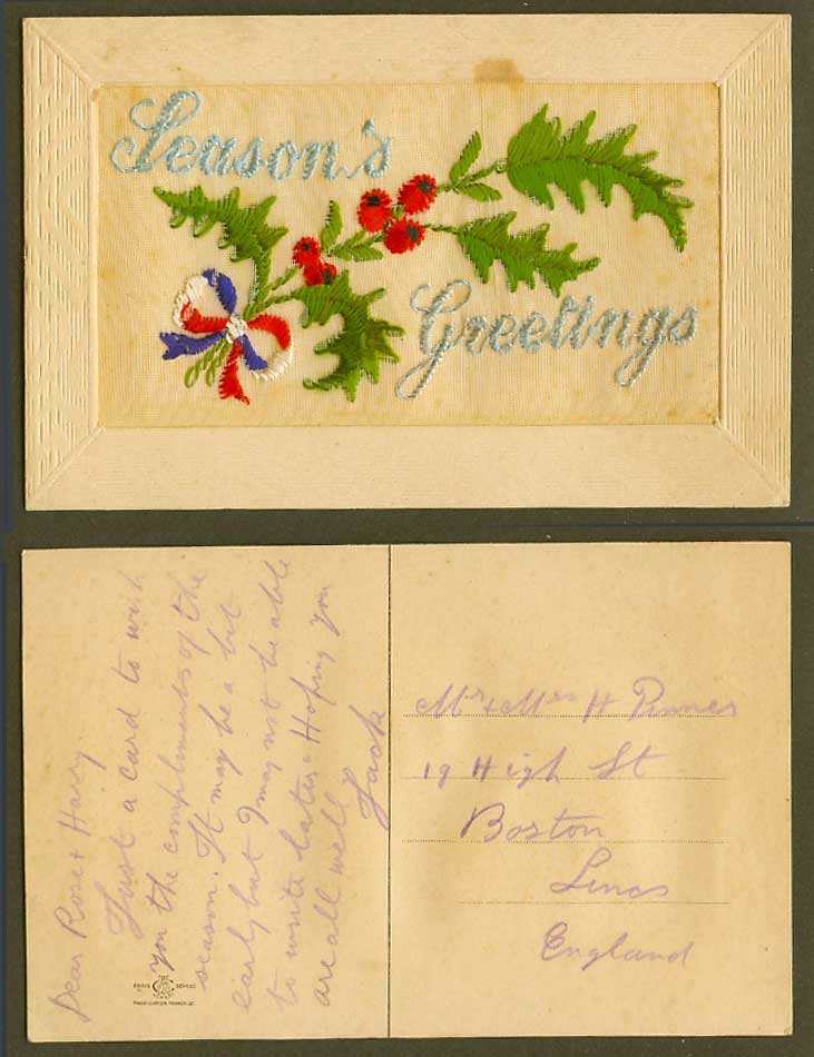 WW1 SILK Embroidered Old Postcard Season's Greetings, Holly, Novelty, Greetings