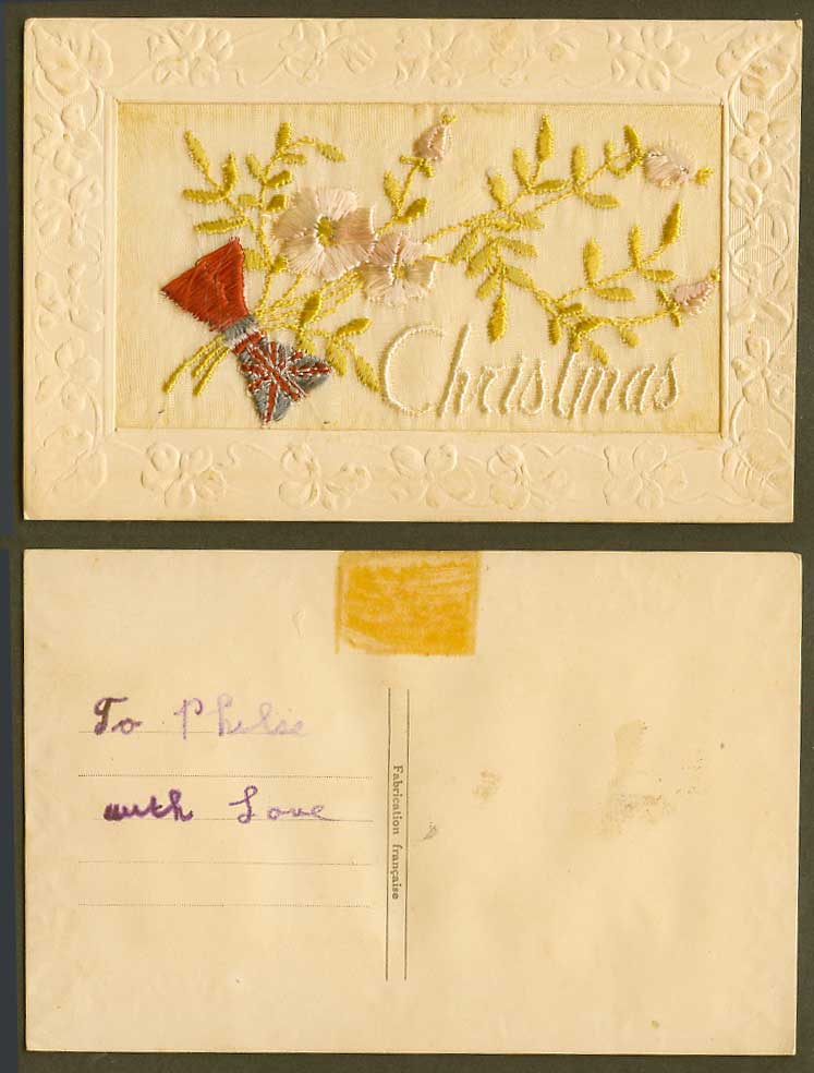 WW1 SILK Embroidered French Old Postcard Christmas Flowers Flag Novelty Greeting