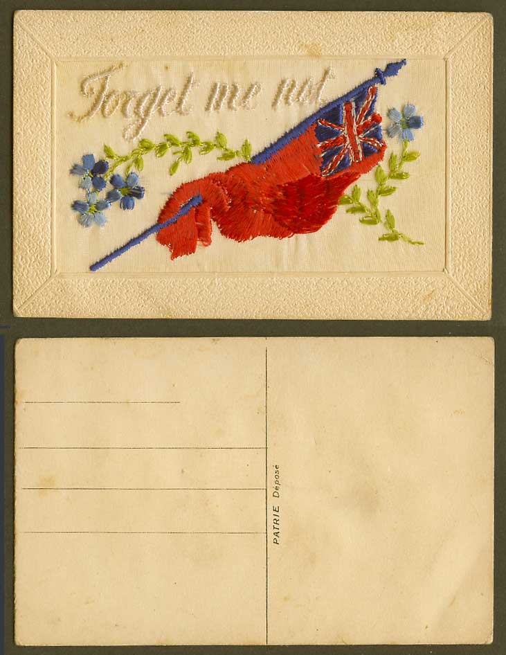 WW1 SILK Embroidered French Old Postcard Forget Me Not, Flowers, Flag, Novelty