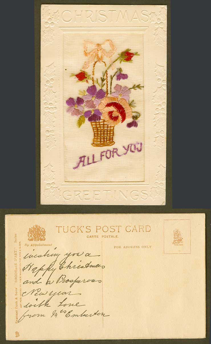 WW1 SILK Embroidered Old Tuck's Postcard Christmas All For You Flowers in Basket