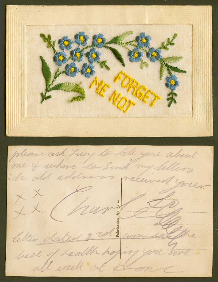 WW1 SILK Embroidered Old Postcard Forget Me Not Blue Flowers, Novelty, Greetings
