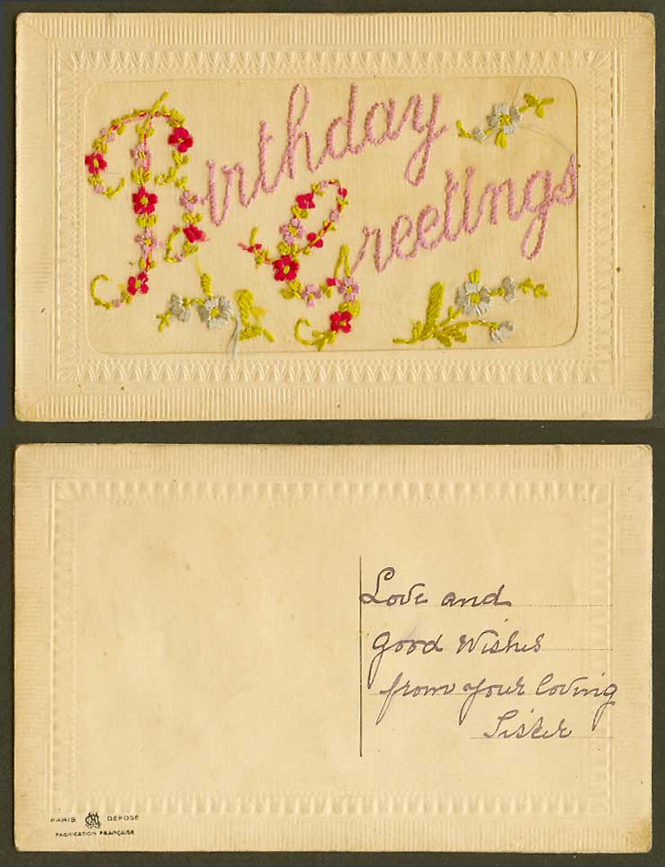 WW1 SILK Embroidered Old Postcard Birthday Greetings Flowers Novelty Paris Depos