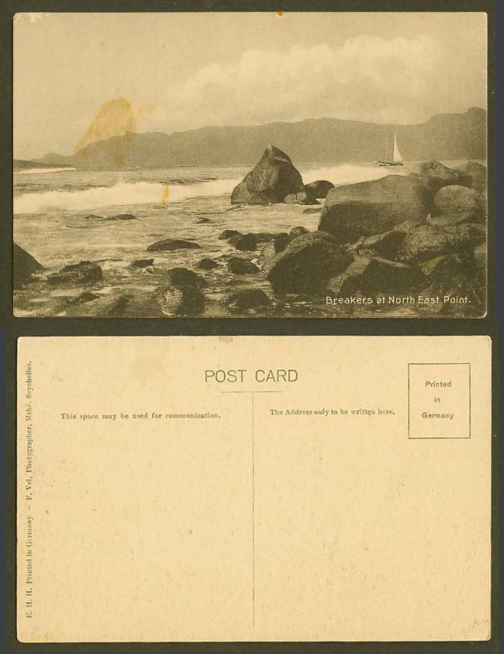 Seychelles Old Postcard Breakers at North East Point Sailing Boat Rocks Panorama