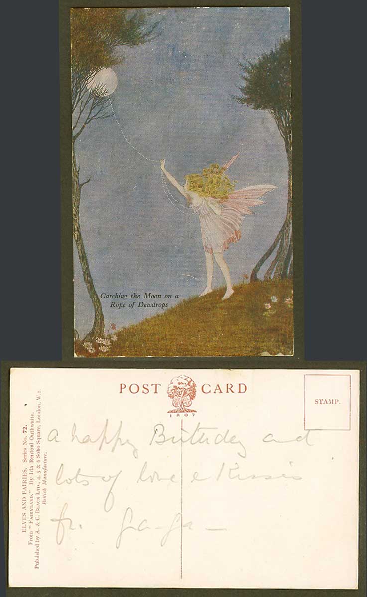 I. Rentoul Outhwaite Old Postcard Fairy Girl Catching Moon on a Rope of Dewdrops