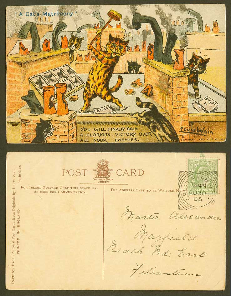 Louis Wain Artist Signed A Cats Matrimony Victory over Enemies 1905 Old Postcard