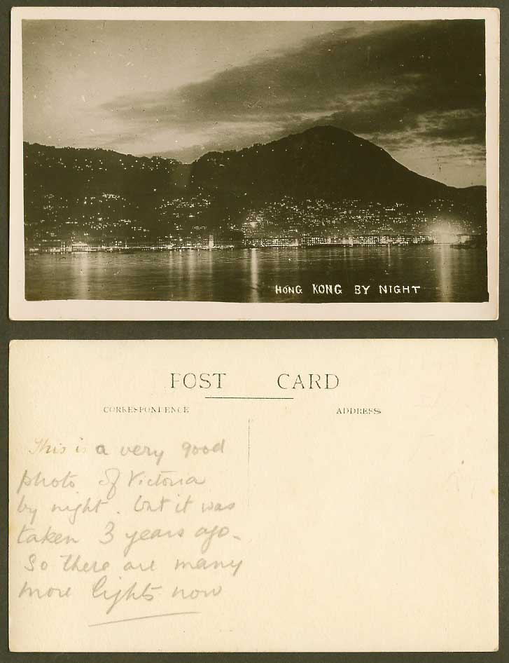Hong Kong Victoria by Night Old Real Photo Postcard Harbour, Peak, Illuminations