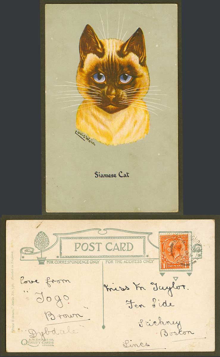 LOUIS WAIN Artist Signed Siamese Cat Kitten Prize Winners 536, 1919 Old Postcard