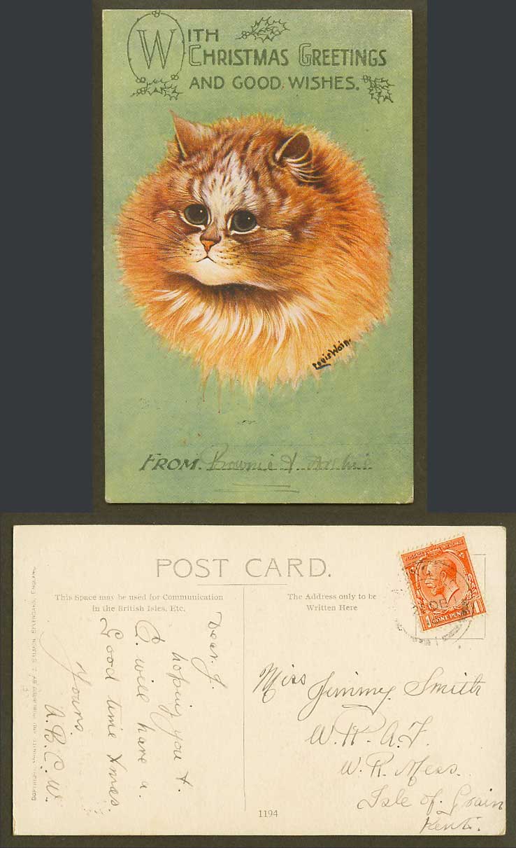 LOUIS WAIN Artist Signed Ginger Cat Kitten Christmas Greetings 1918 Old Postcard