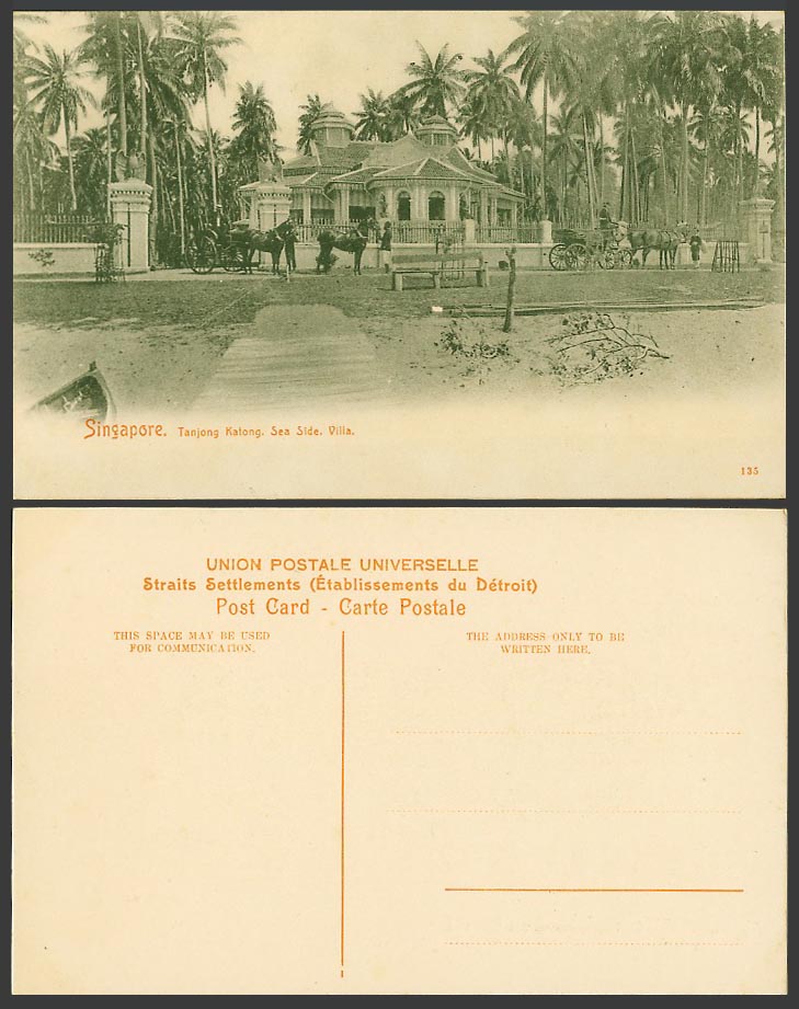 Singapore Old Postcard Tanjong Katong Sea Side Villa, Horse Carts Palm Trees 135