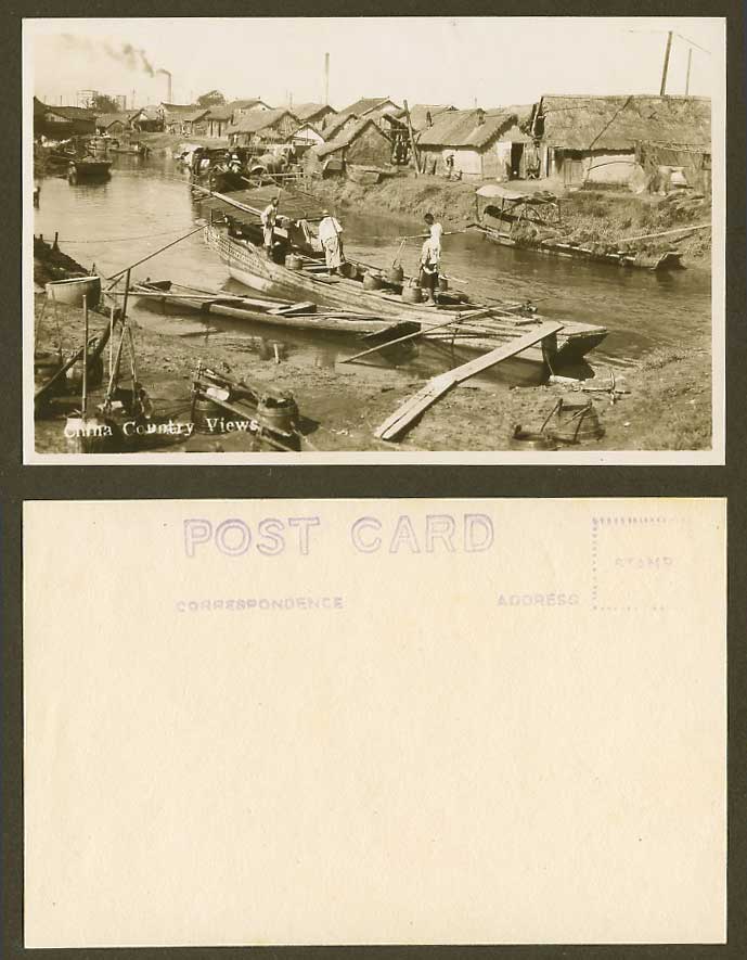 China Old Real Photo Postcard Chinese Country Views, Boats, River, Native Houses