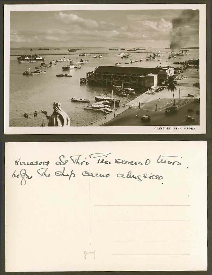 Singapore Old Real Photo Postcard Clifford Pier Boats Ships Harbour Street Scene