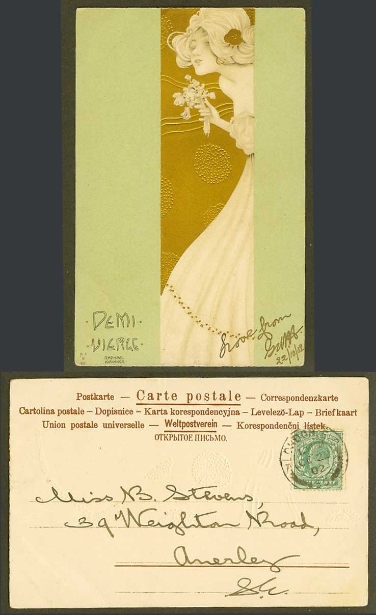 Raphael Kirchner 1902 Old UB Postcard Demi Vierge Half Virgin Glamour Lady Woman