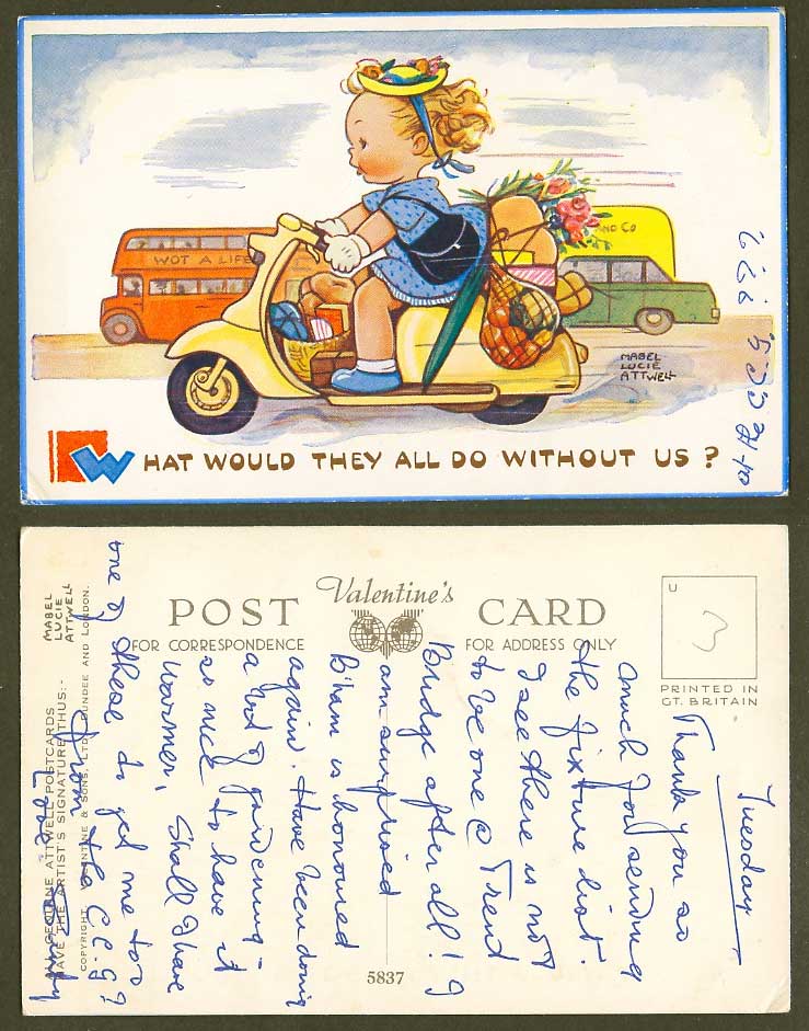 MABEL LUCIE ATTWELL Old Postcard Girl Scooter What Would They Do Without Us 5837