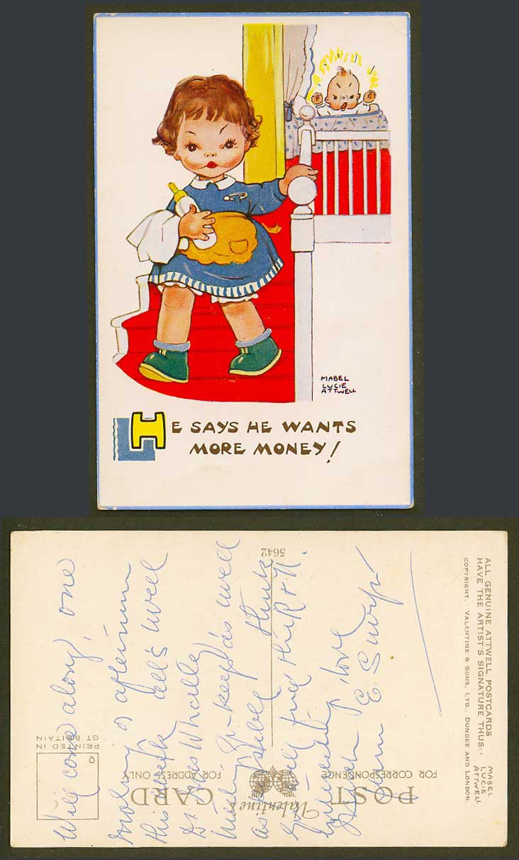 MABEL LUCIE ATTWELL Old Postcard Baby Crib Bed He Says He Wants More Money! 5642