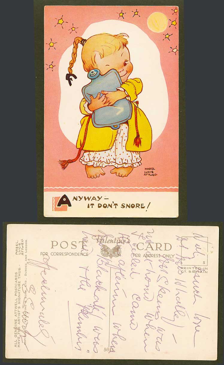MABEL LUCIE ATTWELL Old Postcard Girl holds Hot Water Bottle It Don't Snore 5641