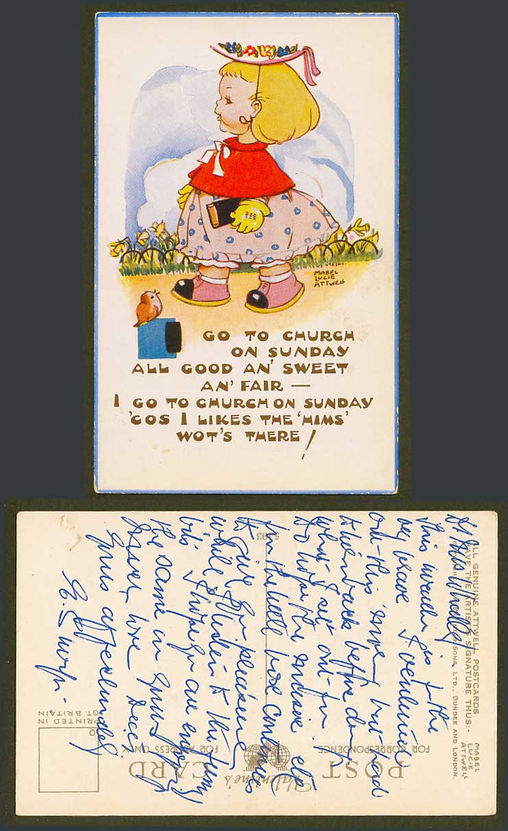 MABEL LUCIE ATTWELL Old Postcard I Go To Church on Sunday Good Sweet & Fair 5493