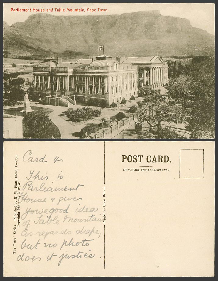 South Africa Old Postcard Parliament House and Table Mountain, Cape Town, Statue