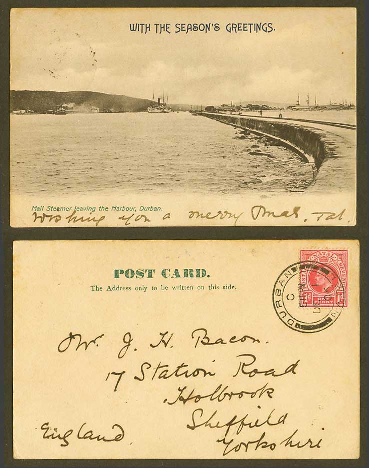 South Africa 1906 Old UB Postcard Mail Steamer Leaving Harbour Durban Steam Ship