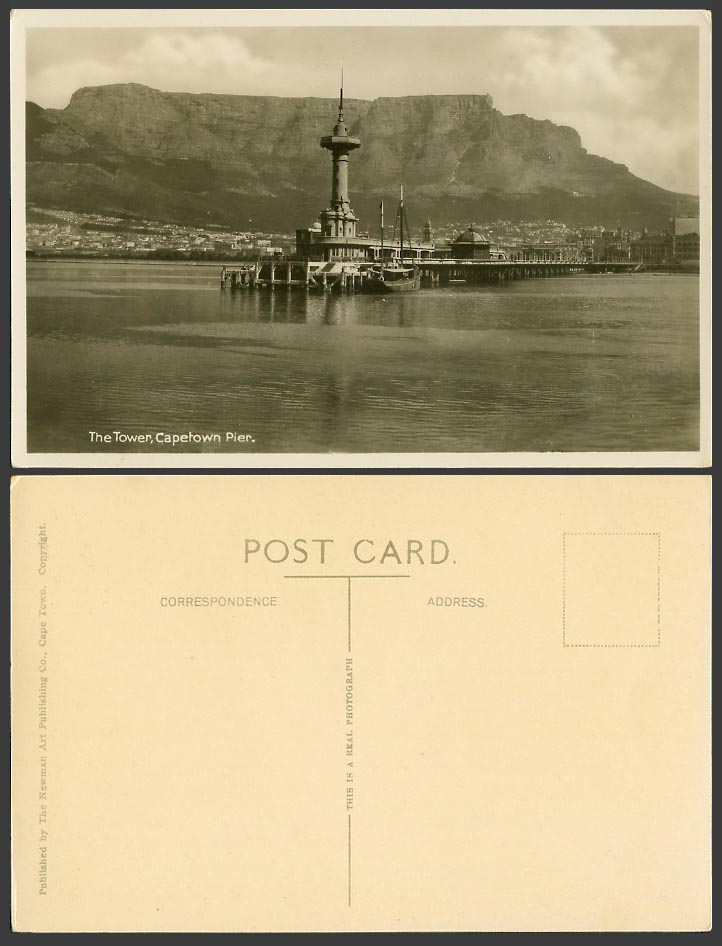 South Africa Old Real Photo Postcard The Tower Capetown Pier Table Mountain Boat