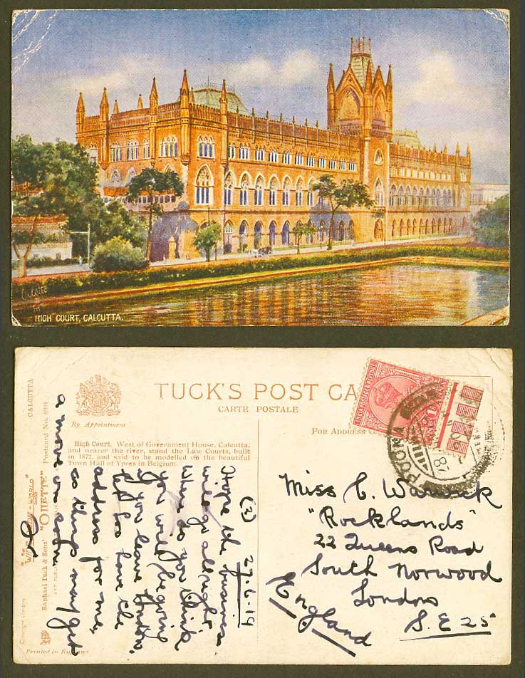 India 1919 Old Tuck's Oilette Postcard Calcutta High Court West Government House