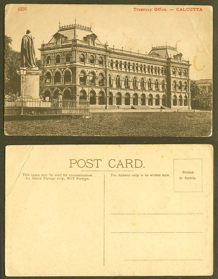 India Old Postcard Treasury Office, Calcutta, Statue Monument Memorial No. 4226