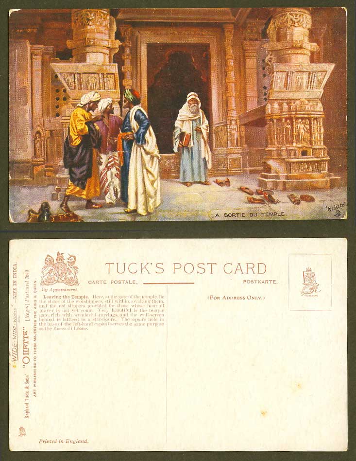 India Old Tuck's Oilette Postcard La Sortie du Leaving Temple Worshippers' shoes