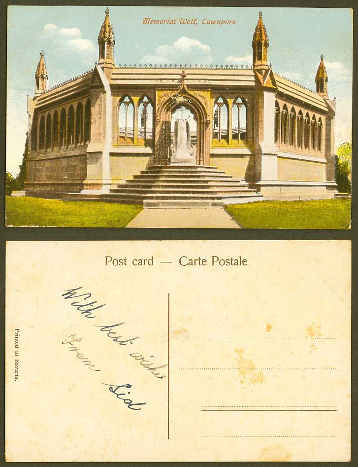 India Old Colour Postcard Memorial Well CAWNPORE Steps to Entrance, Angel Statue