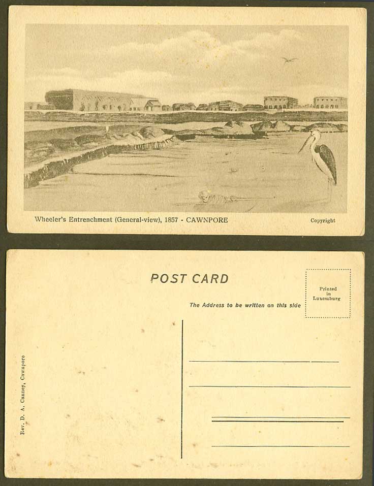 India Old Postcard Wheeler's Entrenchment 1857 Cawnpore Stork Bird Rev DA Canney