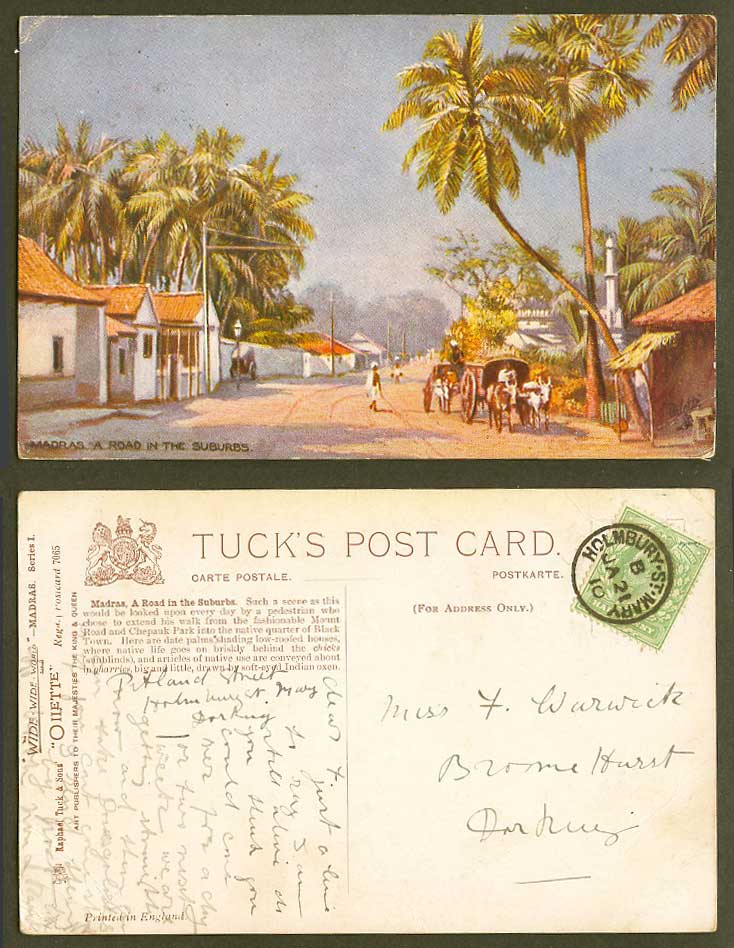 India 1919 Old Tuck's Postcard Madras Road in Suburbs, Chepauk Park, Black Town