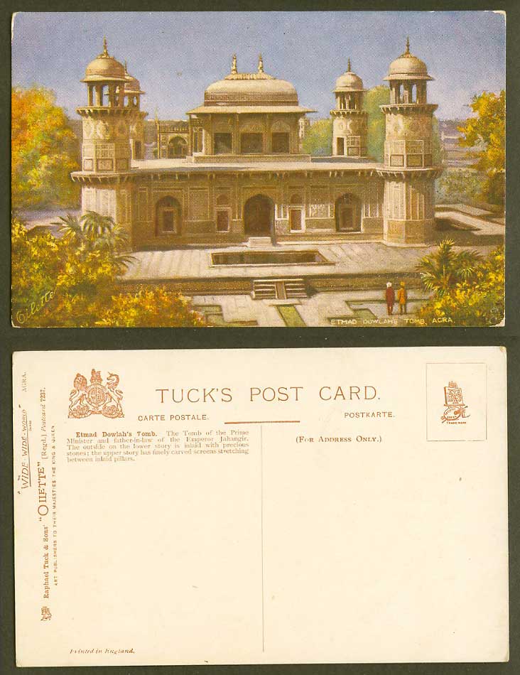 India Old Tuck's Oilette Postcard Etmad Dowlah's Tomb Agra Emperor Jahangir Gdn.