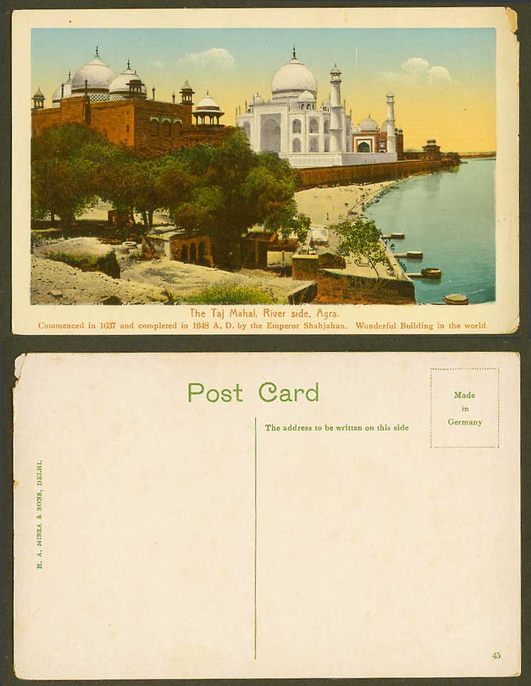 India Old Colour Postcard TAJ MAHAL River Side, Agra, Built by Emperor Shahjahan