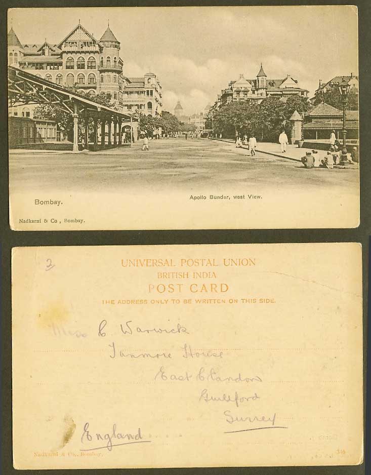 India Brit. Old UB Postcard Bombay Apollo Bunder West View Street Scene Panorama