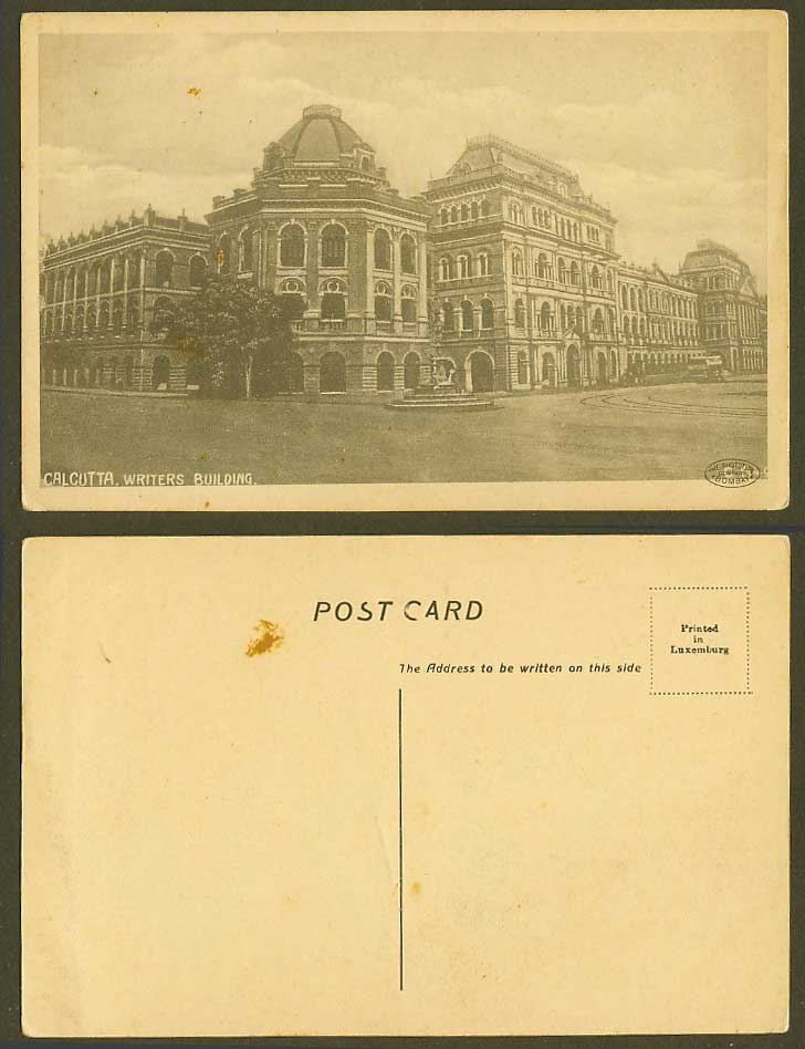 India Old Postcard Writer's Building Calcutta Street Scene Fountain Phototype Co