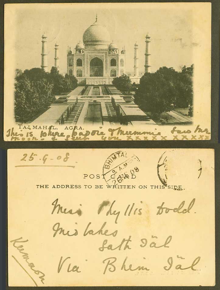 India Bhimtal 1908 Old UB Postcard TAJ MAHAL AGRA Mosque Towers Fountain Gardens