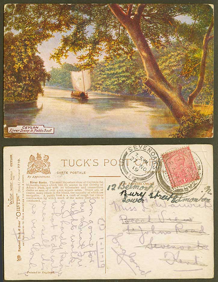 Ceylon 1919 Old Tuck's Oilette Postcard River Scene & Padda Boat Mahavilla Ganga