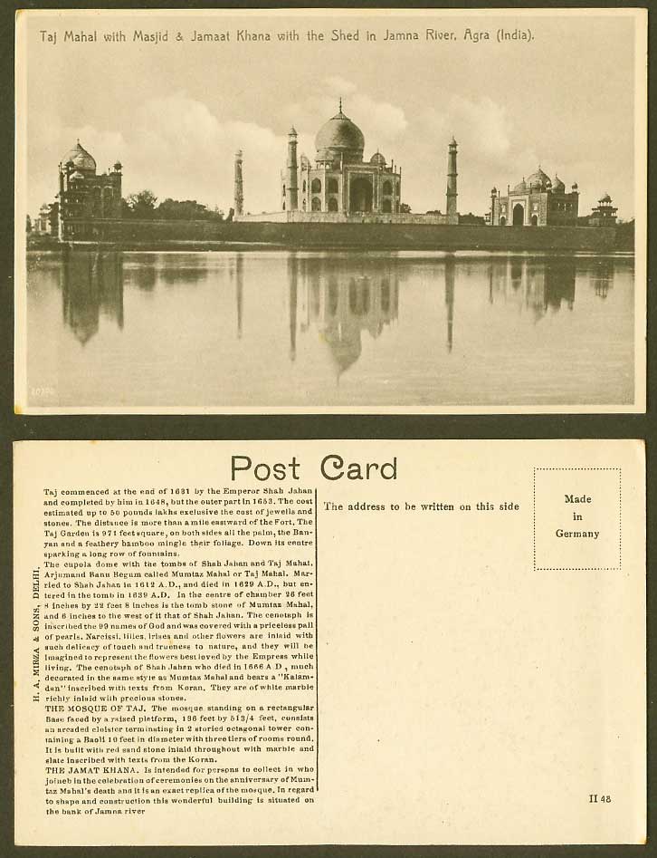 India Old Postcard TAJ MAHAL with Masjid & Jamaat Khana Shed in Jamna River Agra