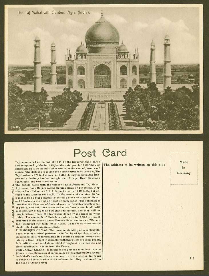 India Old Postcard TAJ MAHAL with Garden Agra built by Emperor Shahjahan 1637-48