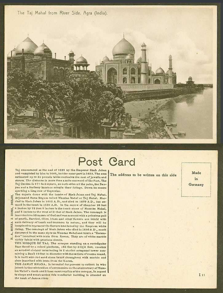 India Old Postcard The Taj Mahal from River Side Agra, H.A. Mirza & Sons I11