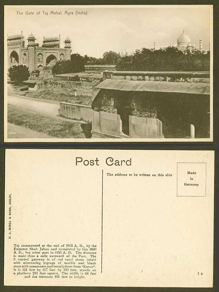 India Old Postcard Gate of TAJ MAHAL Agra Gateway Entrance Gate H.A. Mirza & Son