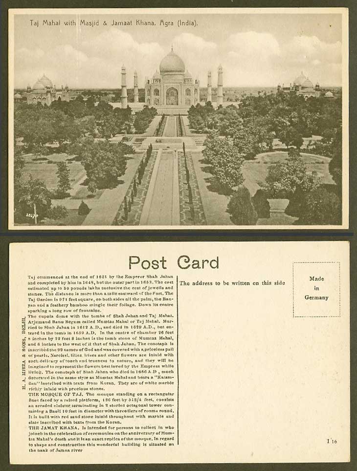 India Old Postcard TAJ MAHAL with Masjid & Jamaat Khana Agra Fountains & Gardens