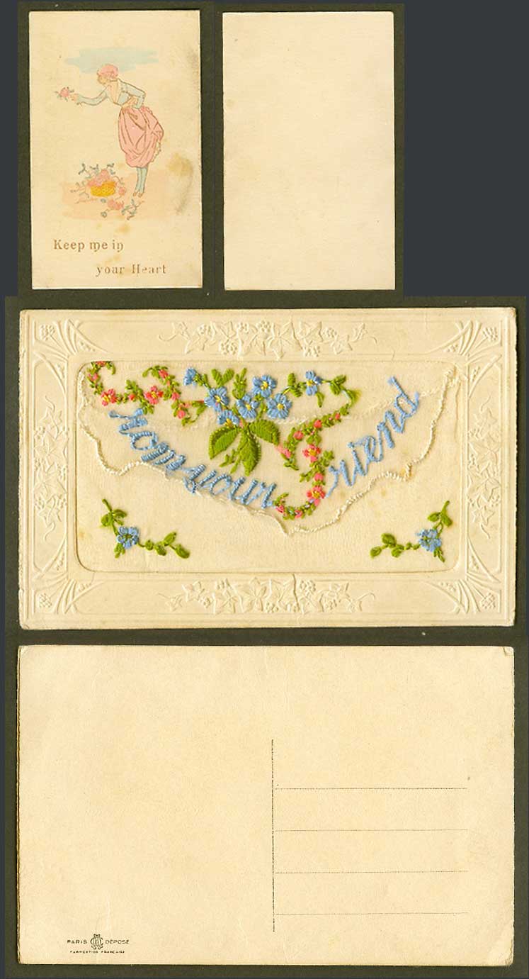 WW1 SILK Embroidered Old Postcard From Your Friend Keep Me In Your Heart, Wallet
