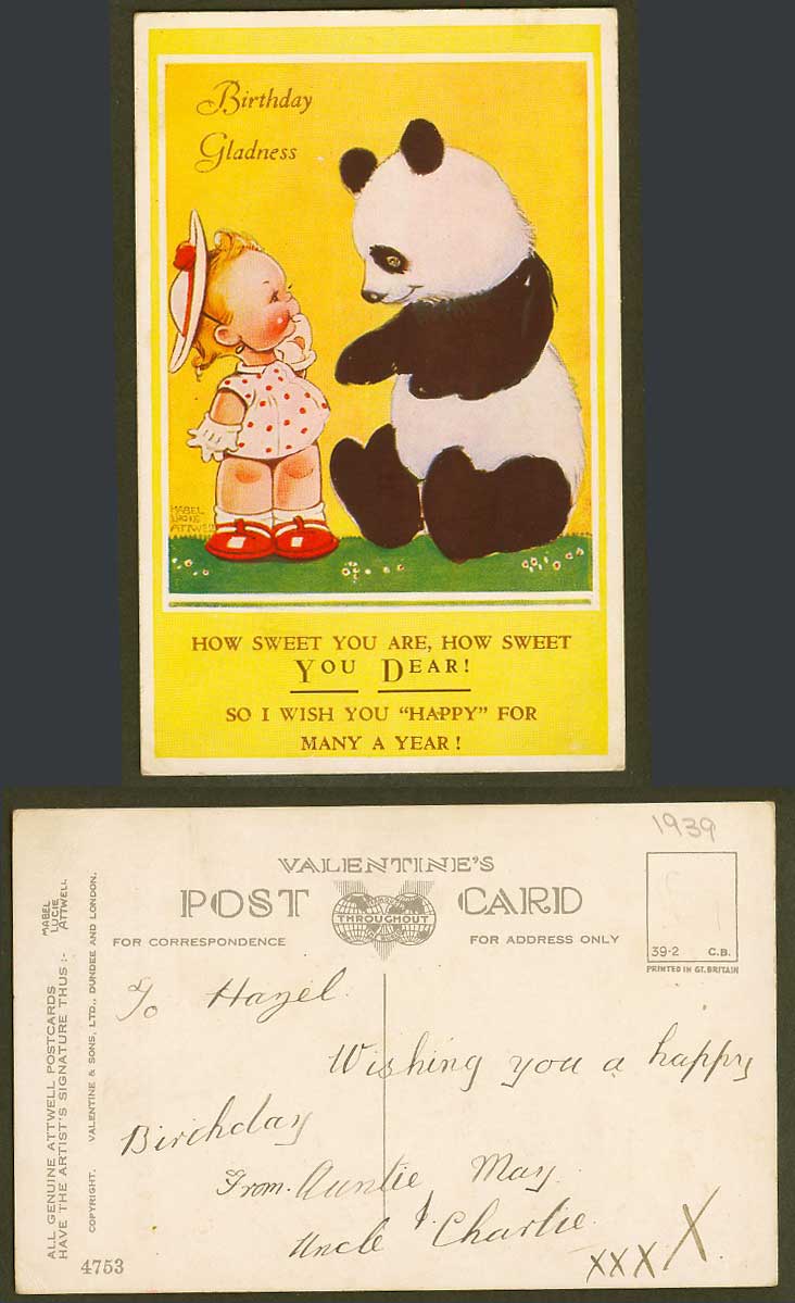 MABEL LUCIE ATTWELL 1939 Old Postcard China Chinese GIANT PANDA - You Dear! 4753