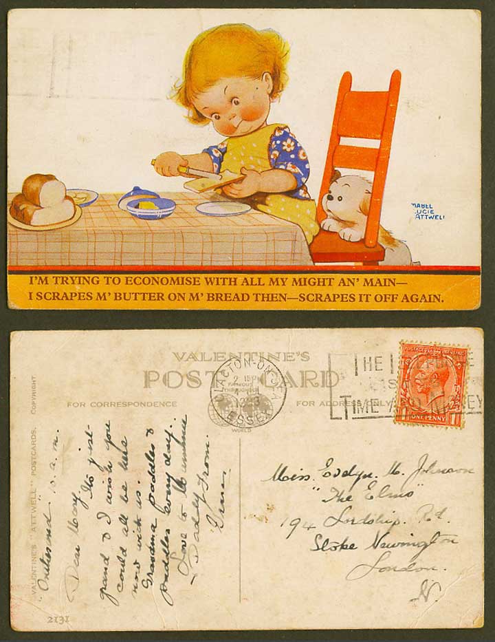 MABEL LUCIE ATTWELL 1933 Old Postcard Dog Puppy Girl Scrape Butter on Bread 2131
